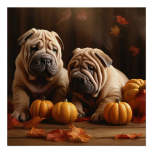 Poster Shar Pei Chiot Automne Citrouille de plaisir