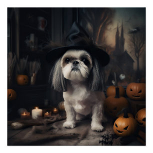 Poster Shih Tzu Citrouilles Halloween Épouvantable