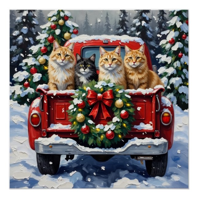 Poster Siberian Cat Christmas Red Truck Holiday (Devant)