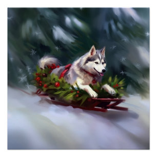 Poster Sibérien Husky neige de Noël hiver