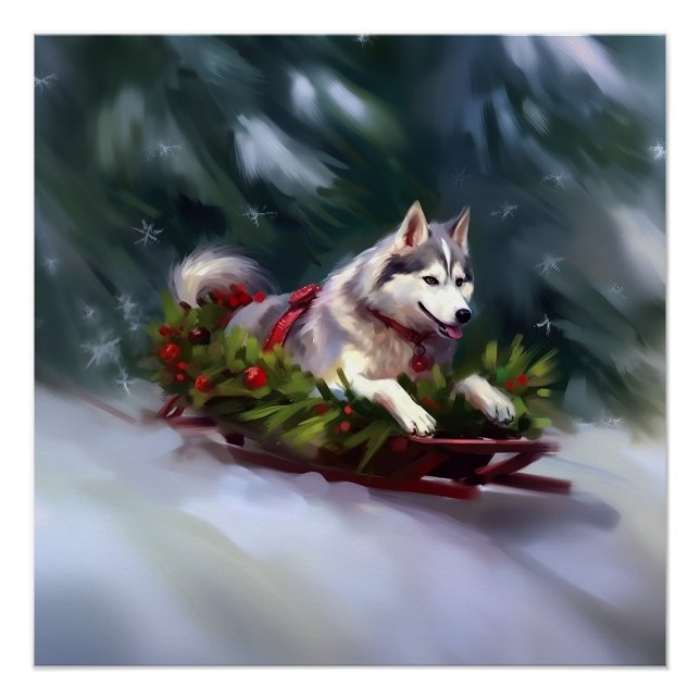 Poster Sibérien Husky neige de Noël hiver (Devant)