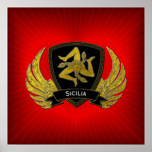 Poster Sicilian Trinacria Shield Wings Heart