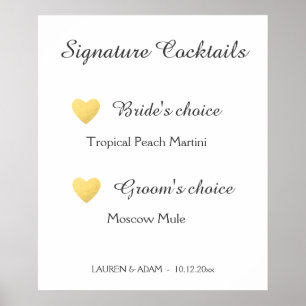 Poster Signature Cocktails signe mariage, faux coeur d'or