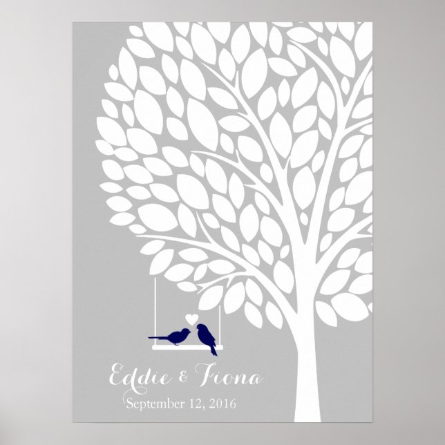 Poster signature wedding guest book tree bird navy (Devant)