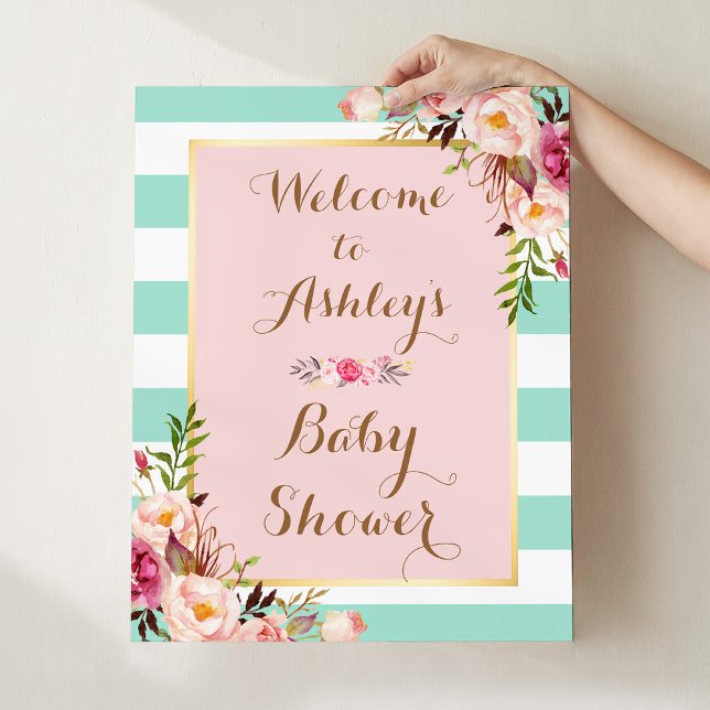 Poster SIGNE DE baby shower Pink Floral Mint Green Stripe (Créateur téléchargé)