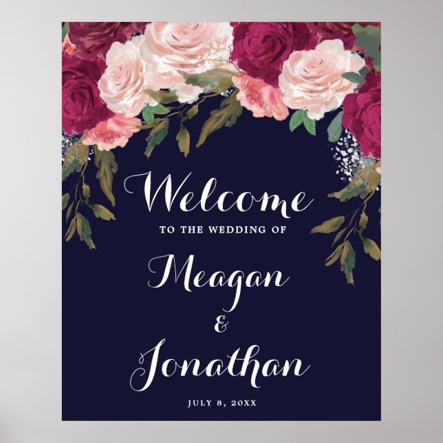 Poster signe de bienvenue pour mariage fleuri rose (Devant)