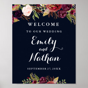 Poster SIGNE DE Mariage DE BIENVENUE BURUNdy Navy Floral