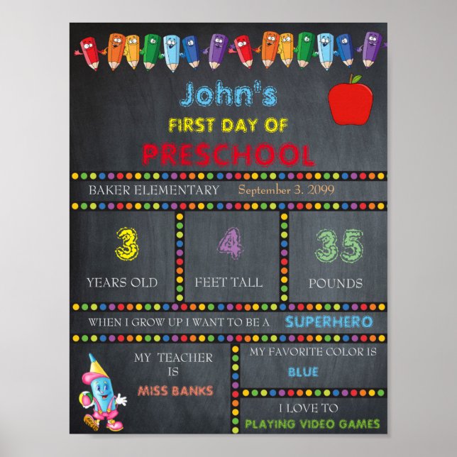 POSTER SIGNE DU PREMIER JOUR DE LA PRÉSCOLARITÉ GARÇON, P (Devant)