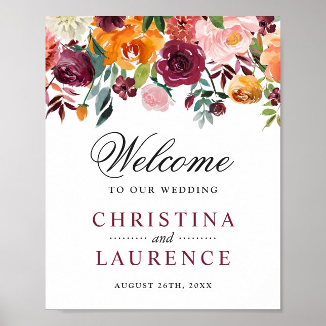 Poster SIGNE MARIAGE | Fleurs orange rose bordeaux (Devant)
