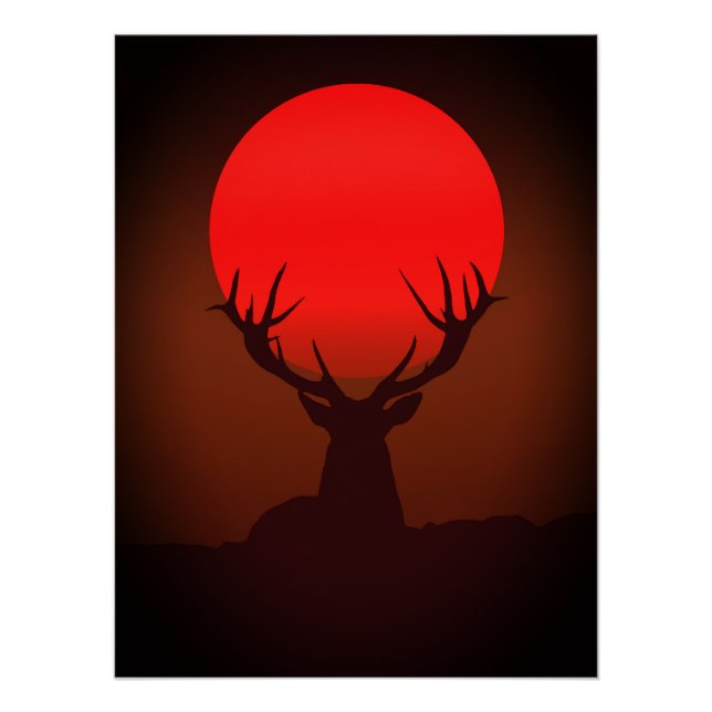 Poster Silhouette de cerf avec coucher de soleil rouge fe (Devant)