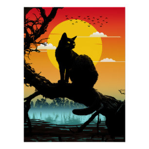 Poster Silhouette de chat et d'arbre au coucher du soleil