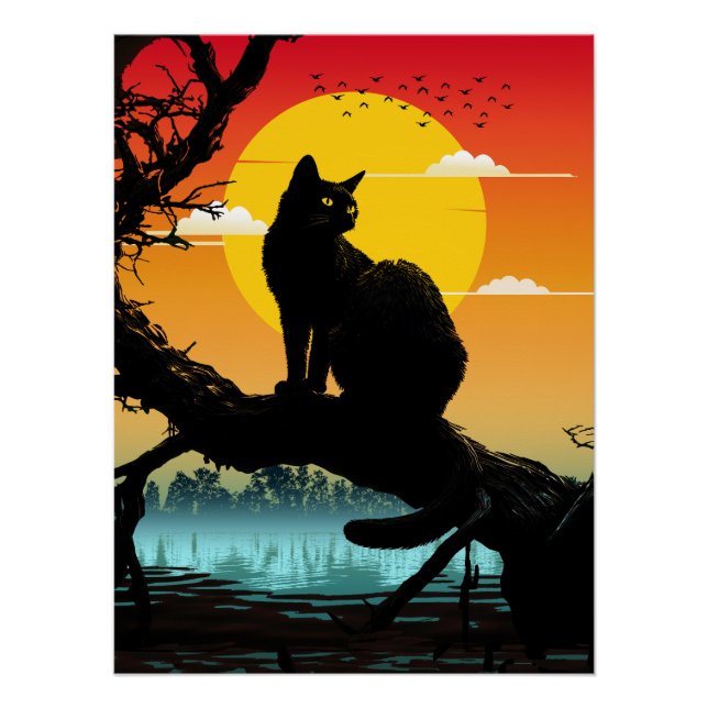 Poster Silhouette de chat et d'arbre au coucher du soleil (Devant)