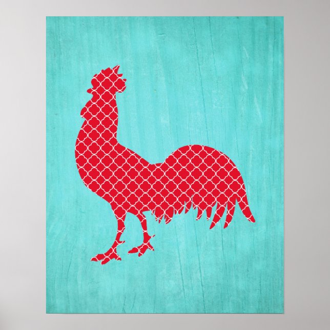 Poster Silhouette de coq à motif rouge (Devant)
