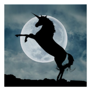 Poster Silhouette de licorne ciel nocturne pleine lune Br
