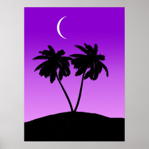 Poster Silhouette de palmier sur Twilight violet