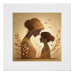 Poster Silhouette Dorée Élégante Mère et Fille –