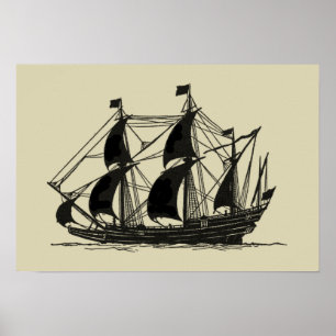 Poster Silhouette du navire avec voiles de billage