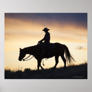 Poster Silhouette d'une cow-girl sur son cheval contre