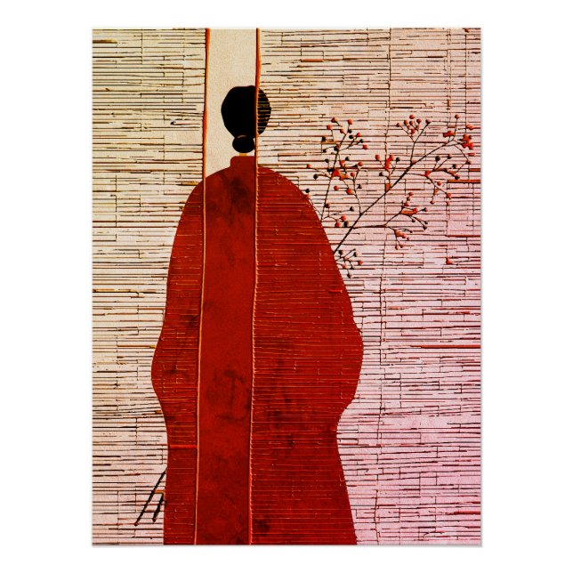 Poster Silhouette Inspirée du Japon Moderne avec des Baie (Devant)