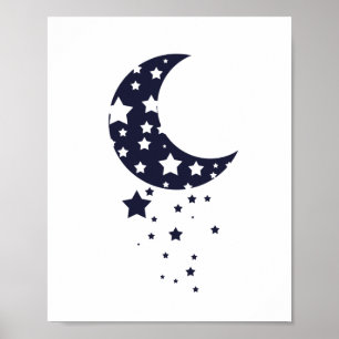 Poster Silhouette Lune et Étoiles en bleu foncé