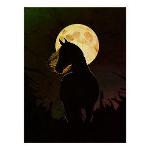 Poster Silhouette majestueuse d'un cheval sous la pleine 