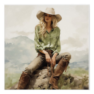 Poster Silhouette Occidentale : Cowgirl Wall Art