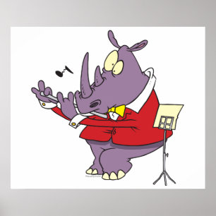 Poster silly rhino playing flute cartoon