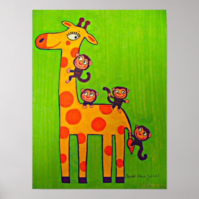 Poster Singes jouant avec la Giraffe (Devant)