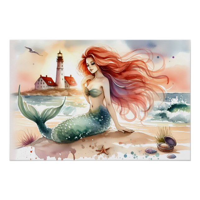 Poster Sirène à l'aquarelle au bord du phare (Devant)