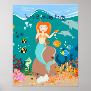 Poster Sirène et dauphins sous la mer fête d'anniversaire
