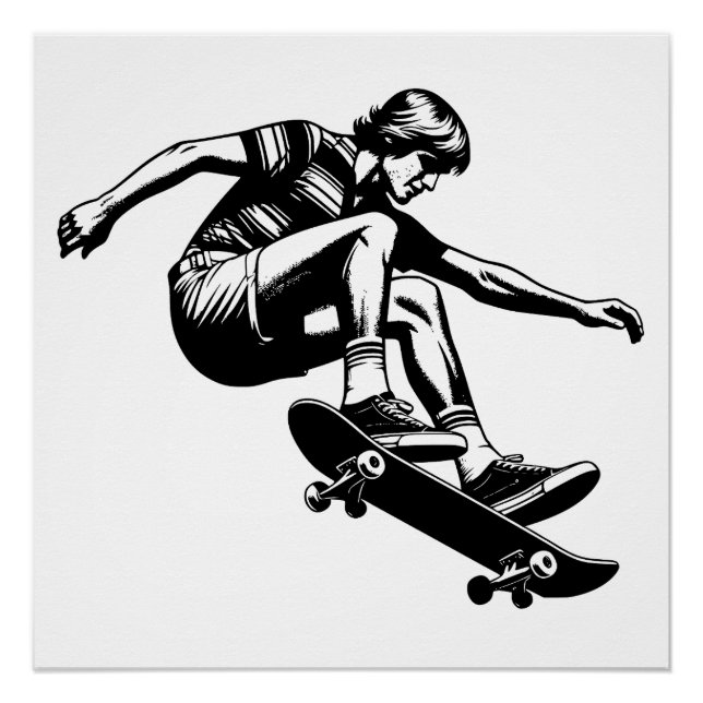 Poster Skateboarder des années 70 noir et blanc (Devant)