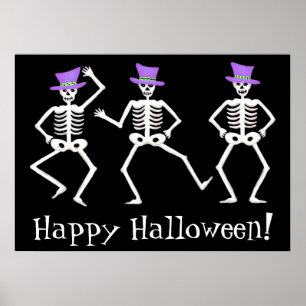 Poster Skeletons de danse noir blanc heureux Halloween