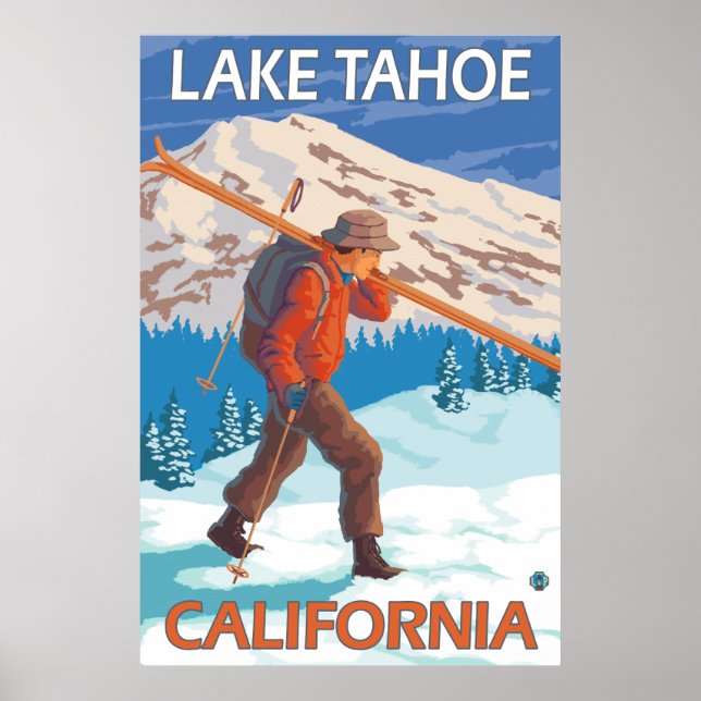 Poster Skier Carrying Snow Skis - Lake Tahoe, California (Devant)