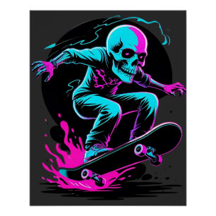 Poster Skull Neon Skateboard Art - Edgy Skate Design