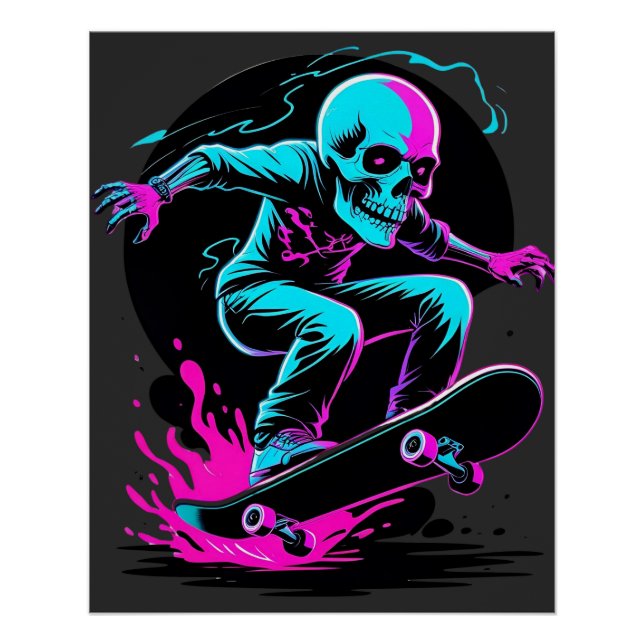 Poster Skull Neon Skateboard Art - Edgy Skate Design (Devant)