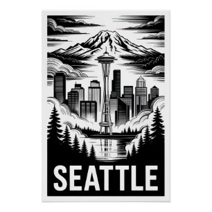Poster Skyline de Seattle, Washington en noir et blanc, s