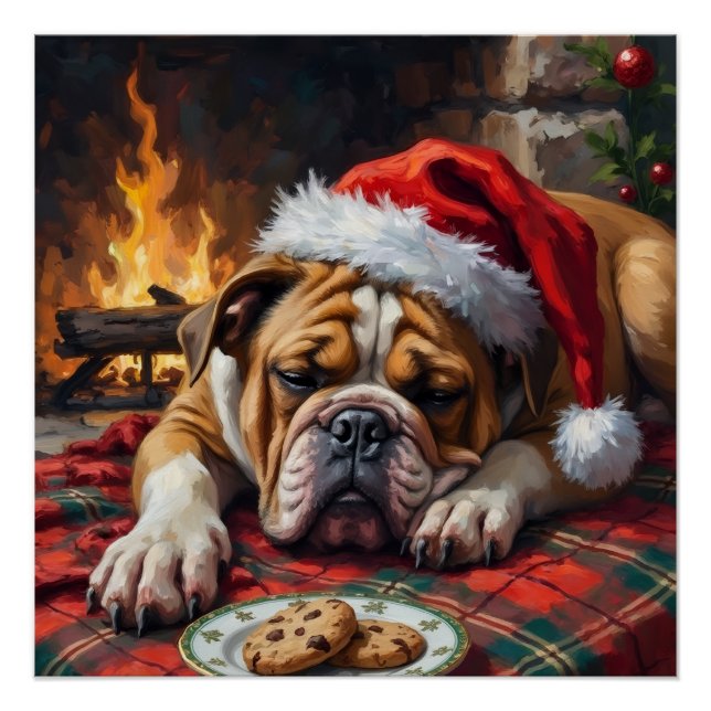 Poster Sleepy Bulldog Dog Fast Asleep Santa Hat Christmas (Devant)