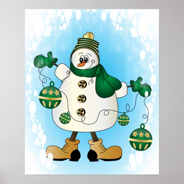 Poster Snowman aux ornements de Noël verts (Devant)
