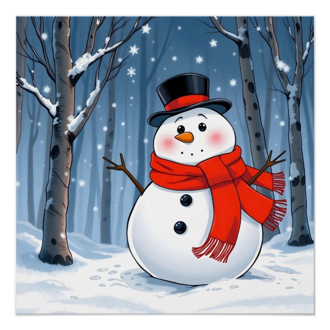 Poster Snowman dans la forêt froide avec foulard rouge (Devant)