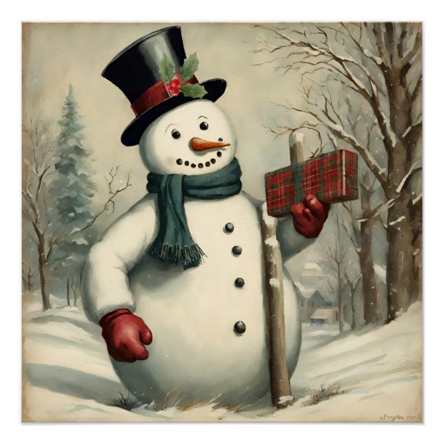 Poster Snowman et cadeau de Noël Illustration hivernale (Devant)