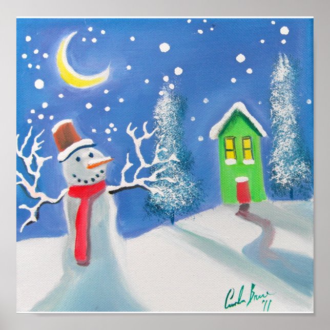 Poster Snowman scène d'hiver folk art peinture (Devant)