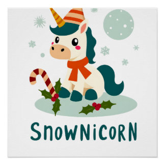 Poster Snownicorn Licorne Mignonne Bonhomme de Neige Noël