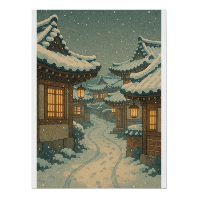 Poster Snowy Hanok Village Art rétro (Devant)