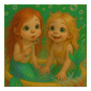 Poster Soeurs sirènes mignonnes grand oeil à patauger ima