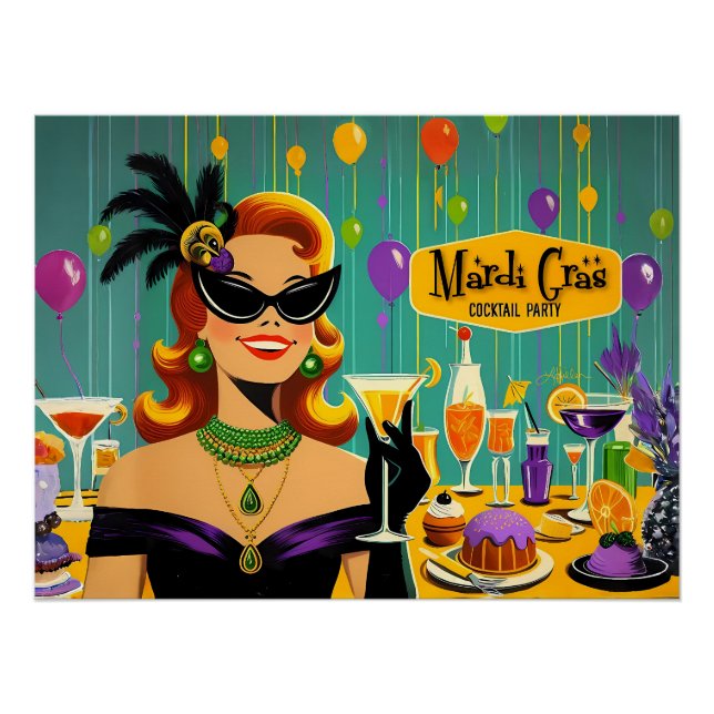 Poster Soirée Cocktail Rétro 50's Mardi Gras Martini (Devant)