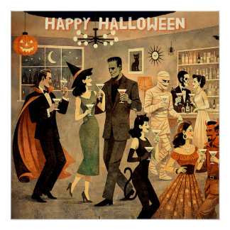 Poster Soirée Martini Halloween Rétro Milieu de Siècle 40