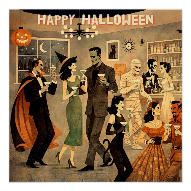Poster Soirée Martini Halloween Rétro Milieu de Siècle 40 (Devant)