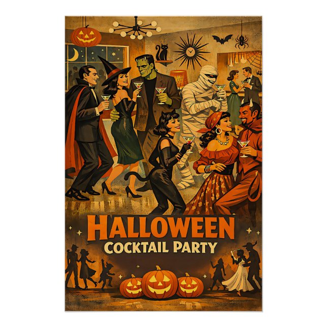 Poster Soirée Martini Halloween Rétro Milieu de Siècle 50 (Devant)
