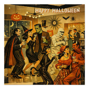 Poster Soirée Martini Halloween Rétro Milieu de Siècle 50