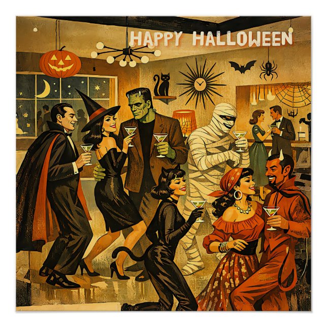 Poster Soirée Martini Halloween Rétro Milieu de Siècle 50 (Devant)